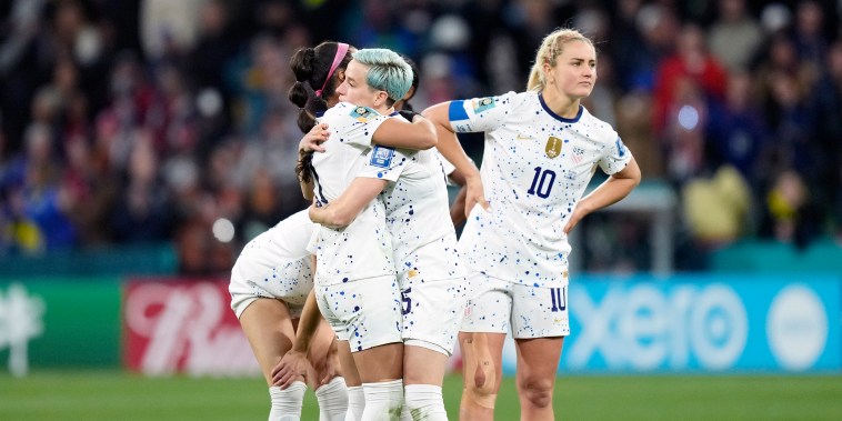 From left, Sophia Smith of USA and Portland Thorns, Megan Rapinoe of USA and OL Reign and Lindsey Horan of USA and Olympique Lyonnais after losing the FIFA Women's World Cup Australia & New Zealand 2023 Round of 16 match between Winner Group G and Runner