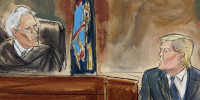courtroom sketch: Judge Arthur Engoron questions former President Donald Trump on the witness stand in New York Supreme Court on Oct. 25, 2023.