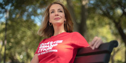 Shannon Watts sits on a park bench
