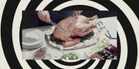 Photo illustration of a black and white spiral and a man cutting a Thanksgiving turkey on a table.